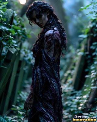 Undead siren in battle-worn leather against a desolate wasteland under a burning red sky