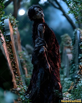 Hauntingly beautiful undead siren with pale skin and dark veins, standing in the ruins of a dead city