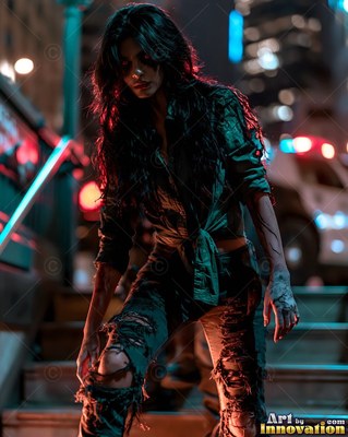 Female undead siren in a torn gothic dress amid rubble and drifting fog, lit in cold cinematic light