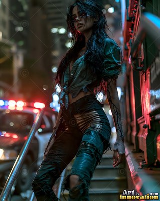 Undead siren in battle-worn leather against a desolate wasteland under a burning red sky