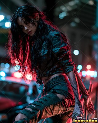 Hauntingly beautiful undead siren with pale skin and dark veins, standing in the ruins of a dead city