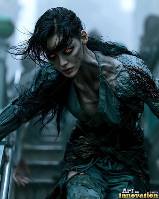 Female undead siren in a torn gothic dress amid rubble and drifting fog, lit in cold cinematic light