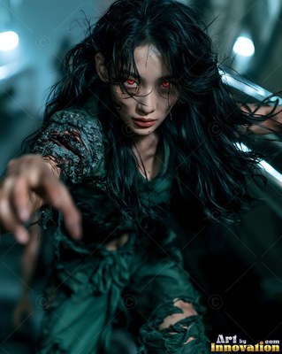 Close horror portrait of a beautiful undead woman, clouded eyes and dark tracery across gray skin