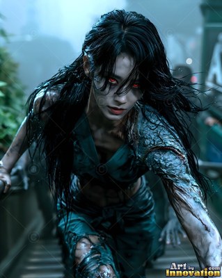 Undead siren in battle-worn leather against a desolate wasteland under a burning red sky
