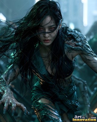 Hauntingly beautiful undead siren with pale skin and dark veins, standing in the ruins of a dead city