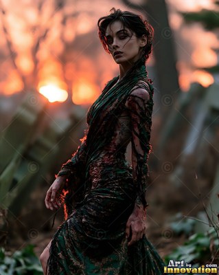 Close horror portrait of a beautiful undead woman, clouded eyes and dark tracery across gray skin
