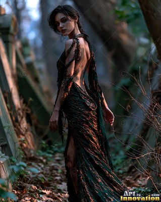 Undead siren in battle-worn leather against a desolate wasteland under a burning red sky