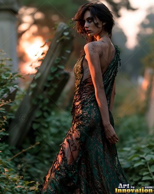 Hauntingly beautiful undead siren with pale skin and dark veins, standing in the ruins of a dead city