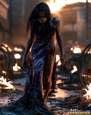 Female undead siren in a torn gothic dress amid rubble and drifting fog, lit in cold cinematic light