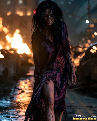 Undead siren in battle-worn leather against a desolate wasteland under a burning red sky
