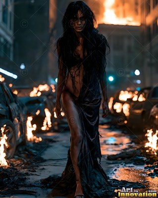Hauntingly beautiful undead siren with pale skin and dark veins, standing in the ruins of a dead city