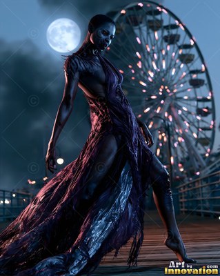 Female undead siren in a torn gothic dress amid rubble and drifting fog, lit in cold cinematic light