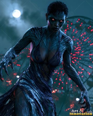 Undead siren in battle-worn leather against a desolate wasteland under a burning red sky