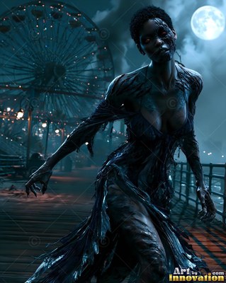 Hauntingly beautiful undead siren with pale skin and dark veins, standing in the ruins of a dead city