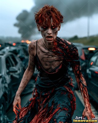Female undead siren in a torn gothic dress amid rubble and drifting fog, lit in cold cinematic light