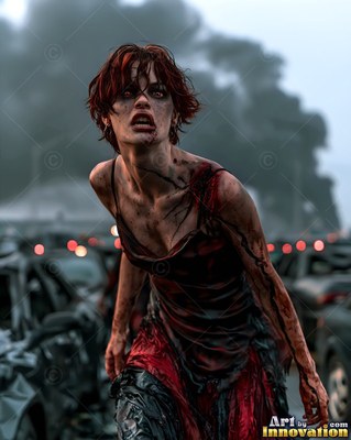 Undead siren in battle-worn leather against a desolate wasteland under a burning red sky