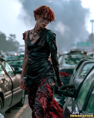 Hauntingly beautiful undead siren with pale skin and dark veins, standing in the ruins of a dead city