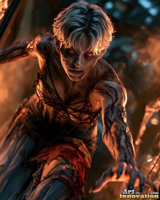 Female undead siren in a torn gothic dress amid rubble and drifting fog, lit in cold cinematic light