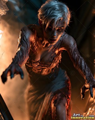 Close horror portrait of a beautiful undead woman, clouded eyes and dark tracery across gray skin