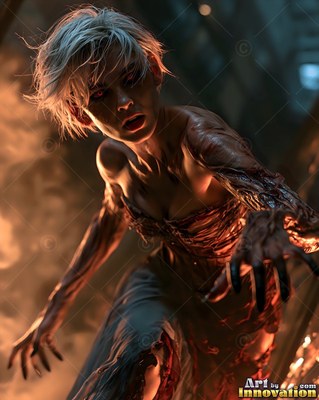 Undead siren in battle-worn leather against a desolate wasteland under a burning red sky