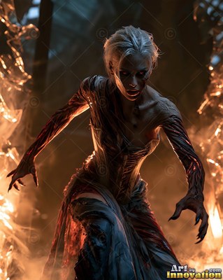 Hauntingly beautiful undead siren with pale skin and dark veins, standing in the ruins of a dead city