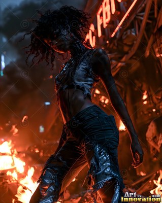 Female undead siren in a torn gothic dress amid rubble and drifting fog, lit in cold cinematic light