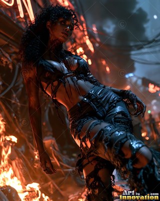 Undead siren in battle-worn leather against a desolate wasteland under a burning red sky