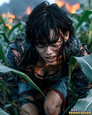Female undead siren in a torn gothic dress amid rubble and drifting fog, lit in cold cinematic light
