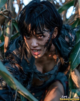 Close horror portrait of a beautiful undead woman, clouded eyes and dark tracery across gray skin