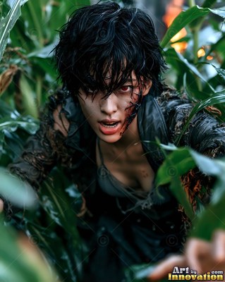 Undead siren in battle-worn leather against a desolate wasteland under a burning red sky