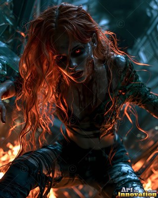 Undead siren in battle-worn leather against a desolate wasteland under a burning red sky
