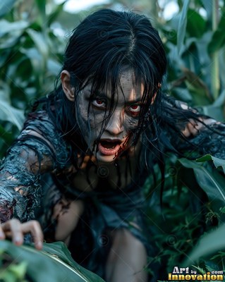 Female undead siren in a torn gothic dress amid rubble and drifting fog, lit in cold cinematic light
