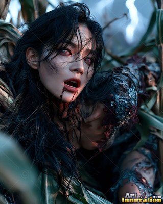 Undead siren in battle-worn leather against a desolate wasteland under a burning red sky