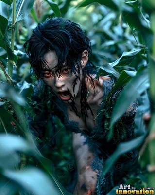 Hauntingly beautiful undead siren with pale skin and dark veins, standing in the ruins of a dead city