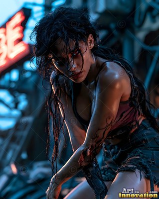 Female undead siren in a torn gothic dress amid rubble and drifting fog, lit in cold cinematic light