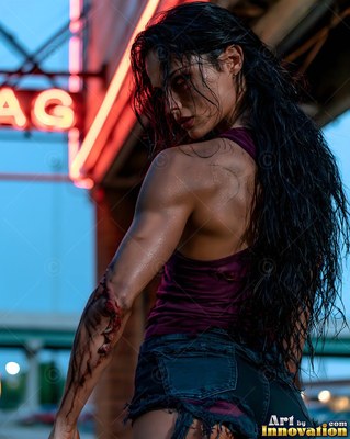 Undead siren in battle-worn leather against a desolate wasteland under a burning red sky