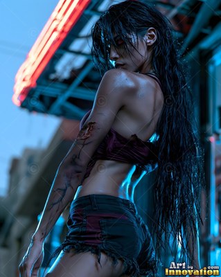 Hauntingly beautiful undead siren with pale skin and dark veins, standing in the ruins of a dead city
