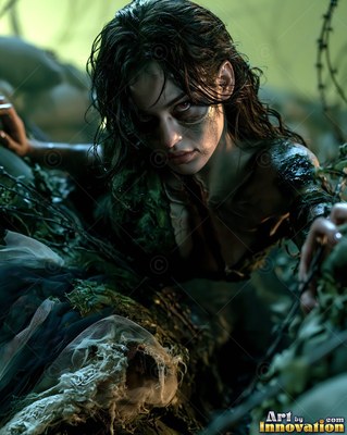 Female undead siren in a torn gothic dress amid rubble and drifting fog, lit in cold cinematic light