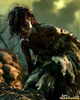 Close horror portrait of a beautiful undead woman, clouded eyes and dark tracery across gray skin
