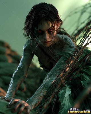 Undead siren in battle-worn leather against a desolate wasteland under a burning red sky