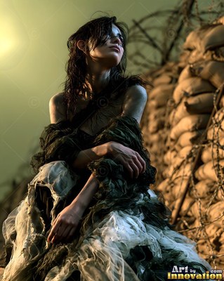 Hauntingly beautiful undead siren with pale skin and dark veins, standing in the ruins of a dead city