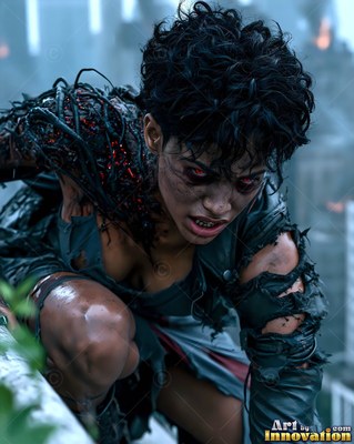 Female undead siren in a torn gothic dress amid rubble and drifting fog, lit in cold cinematic light