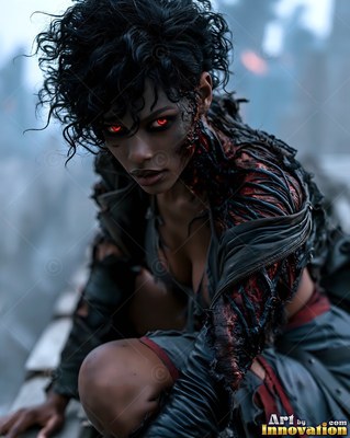 Undead siren in battle-worn leather against a desolate wasteland under a burning red sky