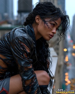 Hauntingly beautiful undead siren with pale skin and dark veins, standing in the ruins of a dead city