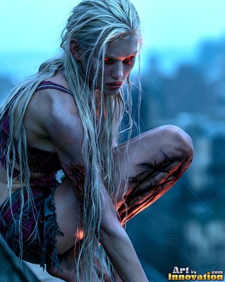 Female undead siren in a torn gothic dress amid rubble and drifting fog, lit in cold cinematic light