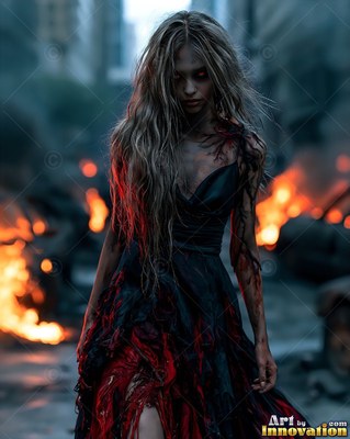 Close horror portrait of a beautiful undead woman, clouded eyes and dark tracery across gray skin