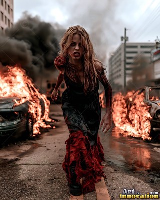 Undead siren in battle-worn leather against a desolate wasteland under a burning red sky