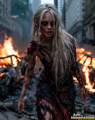 Hauntingly beautiful undead siren with pale skin and dark veins, standing in the ruins of a dead city