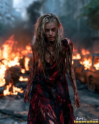 Female undead siren in a torn gothic dress amid rubble and drifting fog, lit in cold cinematic light