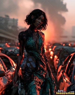 Undead siren in battle-worn leather against a desolate wasteland under a burning red sky